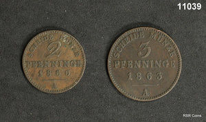 GERMAN STATES PRUSSIA 1860 2 PFENNIG AU+ 1863 3 PFENNIG XF 2 COIN LOT! #11039