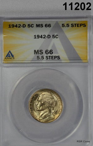 1942 D JEFFERSON NICKEL ANACS CERTIFIED MS66 5.5 STEPS- FLASHY GOLDEN! #11202