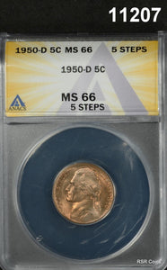 1950 D JEFFERSON NICKEL ANACS CERTIFIED MS66 5 STEPS FLASHY COLORS!  #11207