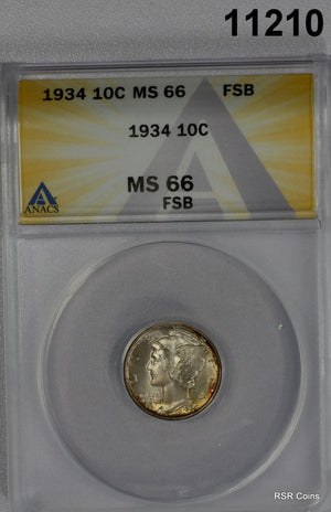 1934 MERCURY DIME ANACS CERTIFIED MS66 FSB ORANGE COLORS BOTH SIDES! WOW! #11210