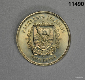 FALKLAND ISLAND 1977 50 PENCE SILVER JUBILEE COMMEMORATIVE GEM BU #11490