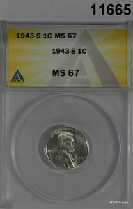 1943 S STEEL LINCOLN WHEAT CENT ANACS CERTIFIED MS67 FLASHY! #11665