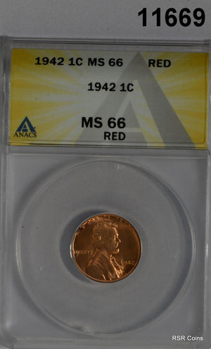 1942 LINCOLN WHEAT CENT ANACS CERTIFIED MS66 RED LAMINATION ERROR #11669