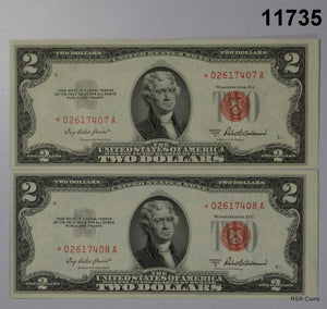 LOT OF 2 1953 A $2 U.S. NOTES SEQUENTIAL NUMBERS CU! #11735