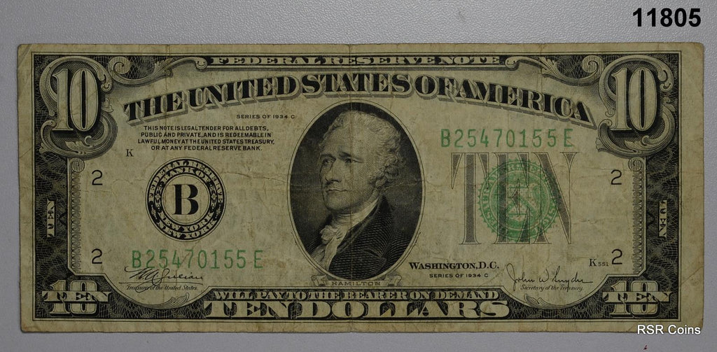 1934 C $10 FEDERAL RESERVE NOTE GREEN SEAL FINE! #11805