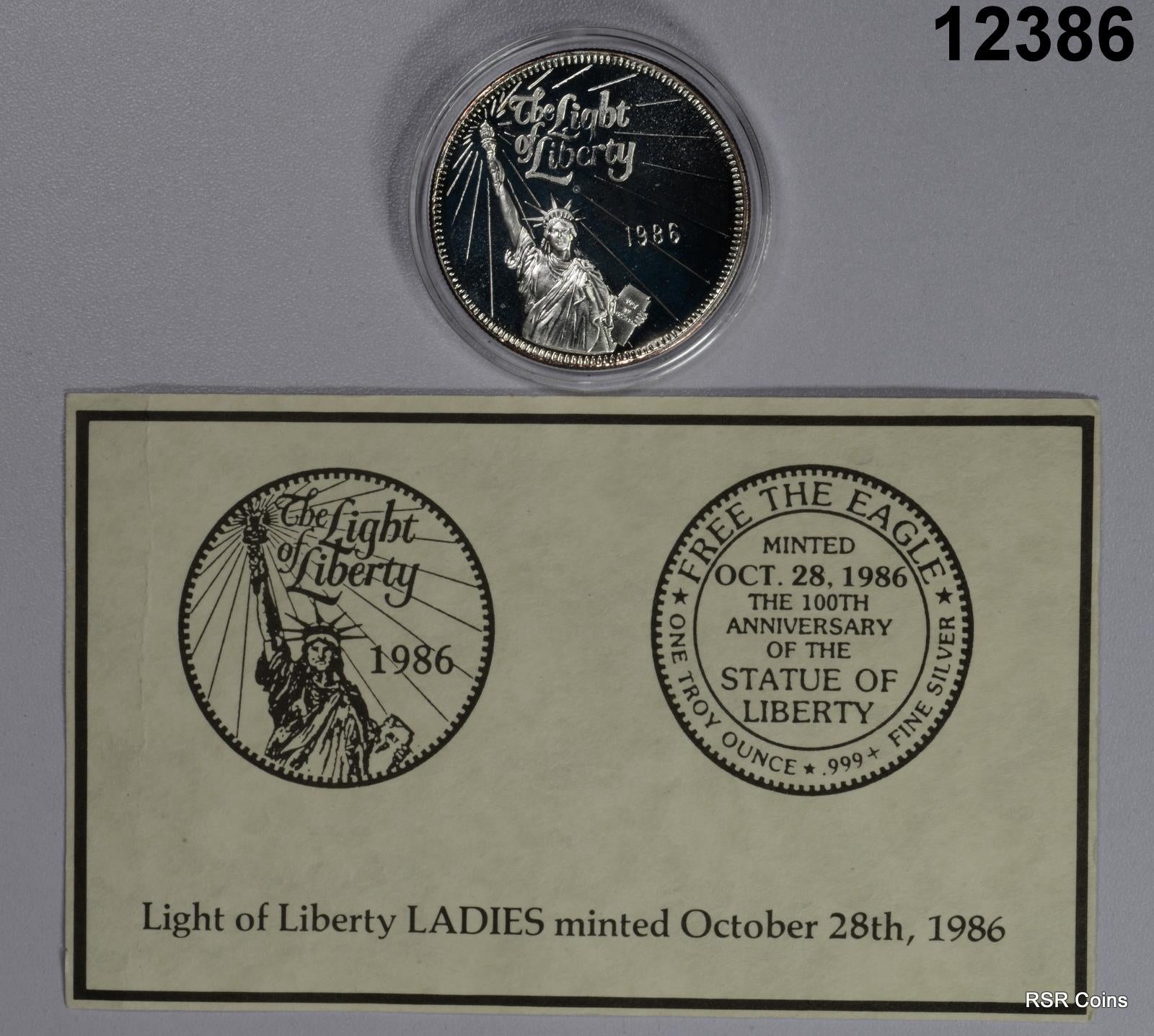 LIGHT OF LIBERTY LADY 1OZ .999 FINE SILVER ROUND! PROOF WITH COA! #12386