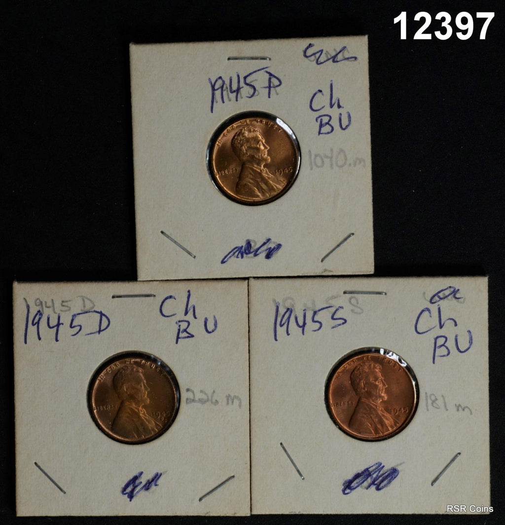 1945 P-D-S CHOICE BU LINCOLN CENT 3 COIN SET RED #12397
