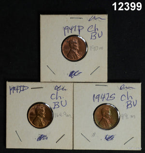 1947 P-D-S CHOICE BU LINCOLN CENT RED 3 COIN SET! #12399