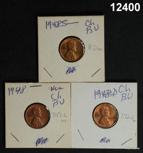 1948 P-D-S CHOICE BU LINCOLN CENT RED 3 COIN SET! #12400