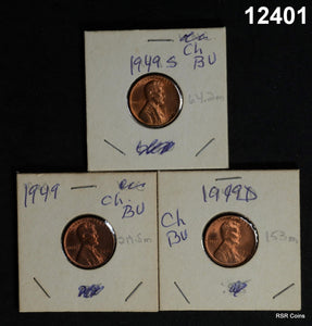 1949 P-D-S CHOICE BU LINCOLN CENT 3 COIN SET RED! #12401