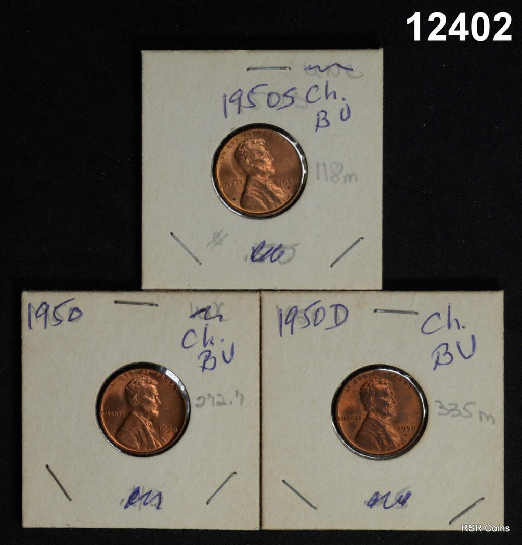1950 P-D-S LINCOLN CENT 3 COIN LOT! CHOICE BU #12402