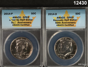 2014 P & D  KENNEDY HALF ANACS CERTIFIED SP69 2 COIN SET 50TH ANNIVERSARY #12430