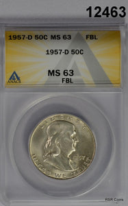 1957 D FRANKLIN HALF ANACS CERTIFIED MS63 FBL FROSTY! #12463