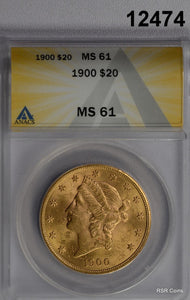 1900 $20 GOLD LIBERTY DOUBLE EAGLE ANACS CERTIFIED MS61 FLASHY! #12474