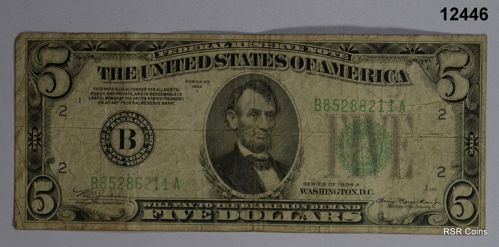1934 A $5 GREEN SEAL NEW YORK FINE! #12446