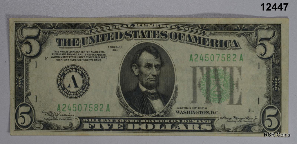 1934 $5 LIME GREEN SEAL BOSTON VF! #12447