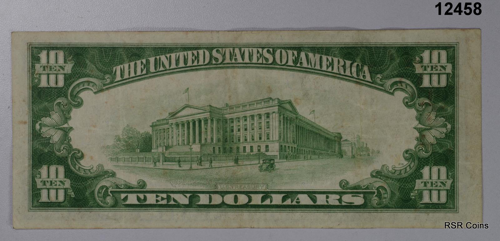 1934 $10 New York FEDERAL RESERVE NOTE CRISP LIGHT GREEN XF+ #12458