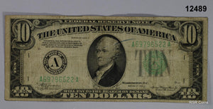 1934 A $10 FEDERAL RESERVE NOTE BOSTON GREEN SEAL! #12489