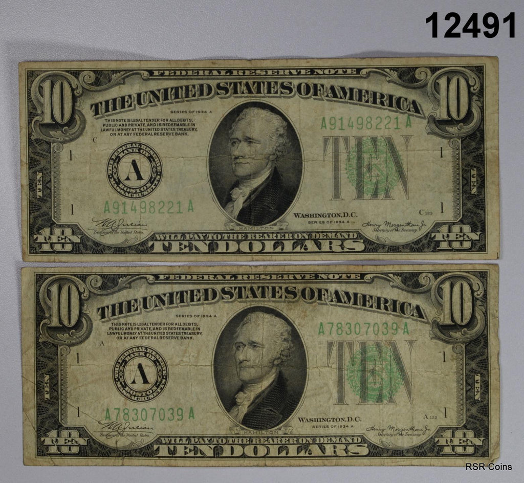 LOT OF 2 1934 A $10 FEDERAL RESERVE NOTES GREEN SEAL! #12491