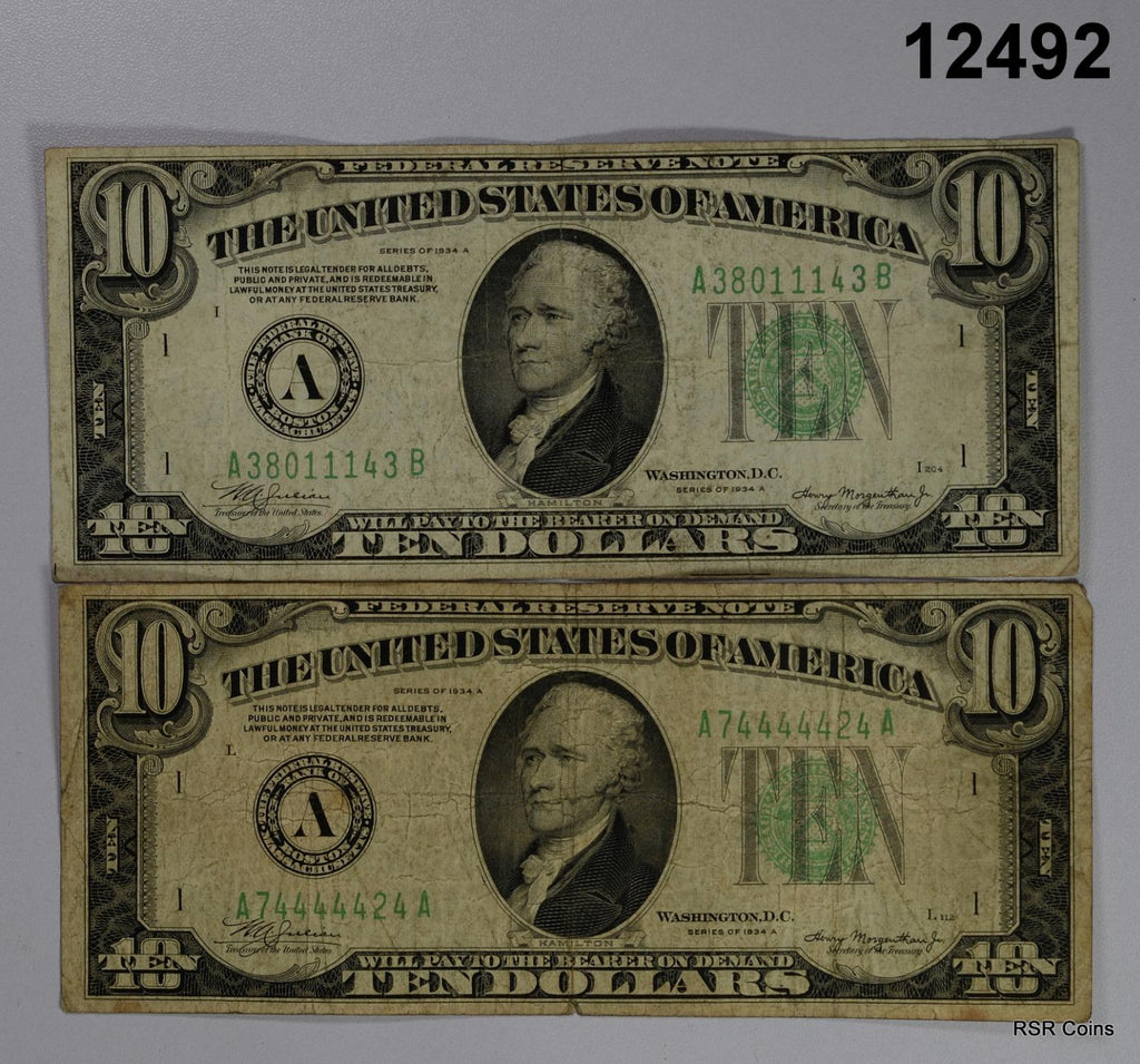 LOT OF 2 1934 A $10 FEDERAL RESERVE NOTES BOSTON F-VF GREEN SEAL! #12492