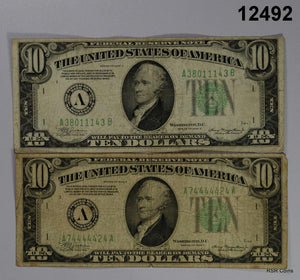 LOT OF 2 1934 A $10 FEDERAL RESERVE NOTES BOSTON F-VF GREEN SEAL! #12492