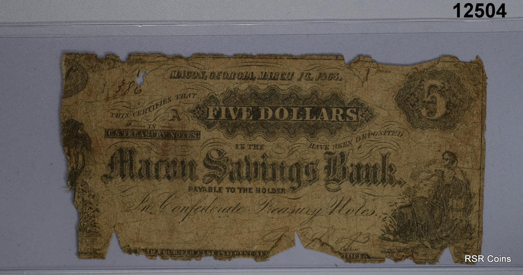 1863 $5 THE MACON SAVINGS BANK MACON, GA MODERATE LOSS #12504