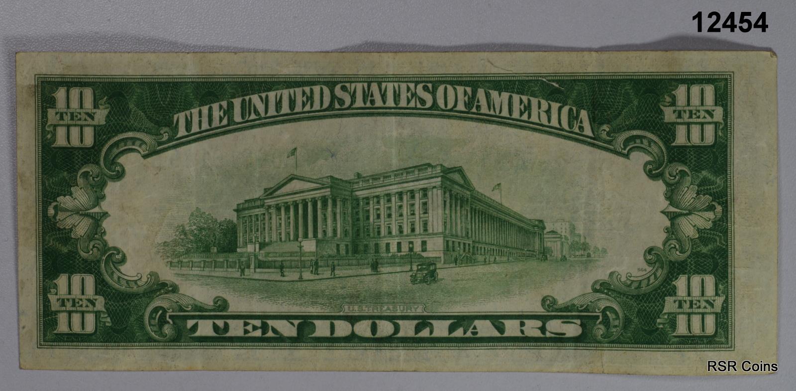 1934 $10 FEDERAL RESERVE NOTE LIGHT GREEN NEW YORK VF! #12454