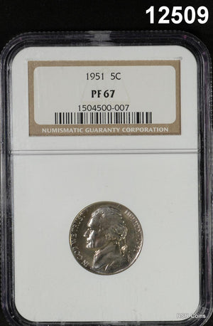 1951 NGC CERTIFIED PF 67 PALE PASTEL RAINBOW COLORS! JEFFERSON NICKEL #12509