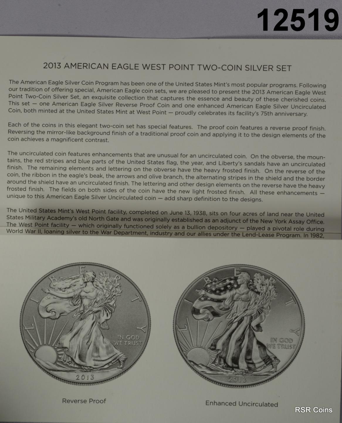 2013 W WEST POINT 2 COIN SILVER EAGLE PROOF SET ANACS CERTIFIED RP70 EU70 #12519