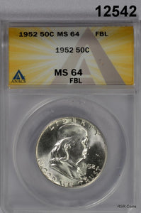 1952 FRANKLIN HALF ANACS CERTIFIED MS64 FBL FLASHY!! #12542