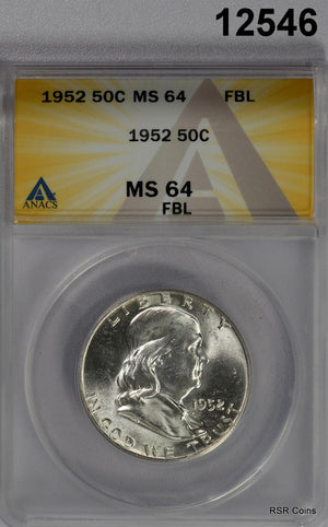 1952 FRANKLIN HALF ANACS CERTIFIED MS64 FBL FLASHY! #12546