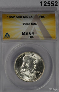 1952 FRANKLIN HALF ANACS CERTIFIED MS64 FBL FLASHY! #12552