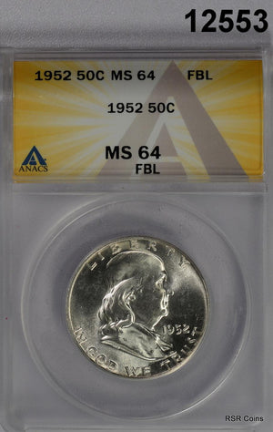 1952 FRANKLIN HALF ANACS CERTIFIED MS64 FBL FROSTY!! #12553