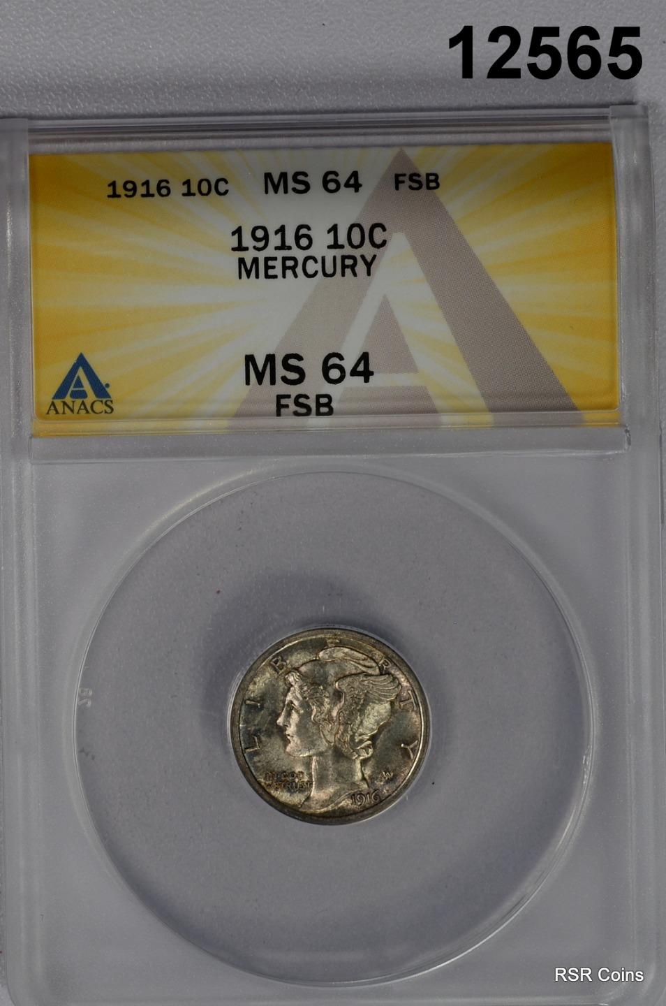 1916 MERCURY DIME ANACS CERTIFIED MS64 FSB GOLDEN COLORS! #12565