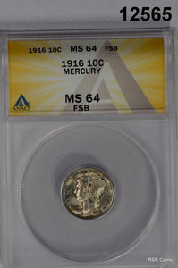 1916 MERCURY DIME ANACS CERTIFIED MS64 FSB GOLDEN COLORS! #12565