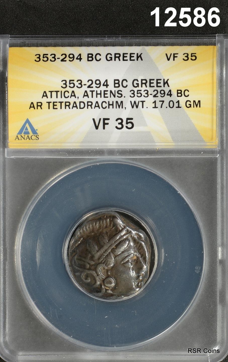 353-294 BC GREEK ATTICA ATHEN AR TETRADRACHM ANACS CERTIFIED VF35 NICE!! #12586