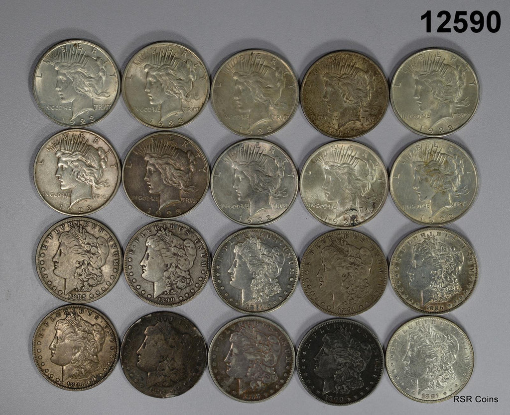 ROLL (10) PRE 21 MORGAN AND (10) PEACE SILVER DOLLARS F-AU SOME CULLS #12590