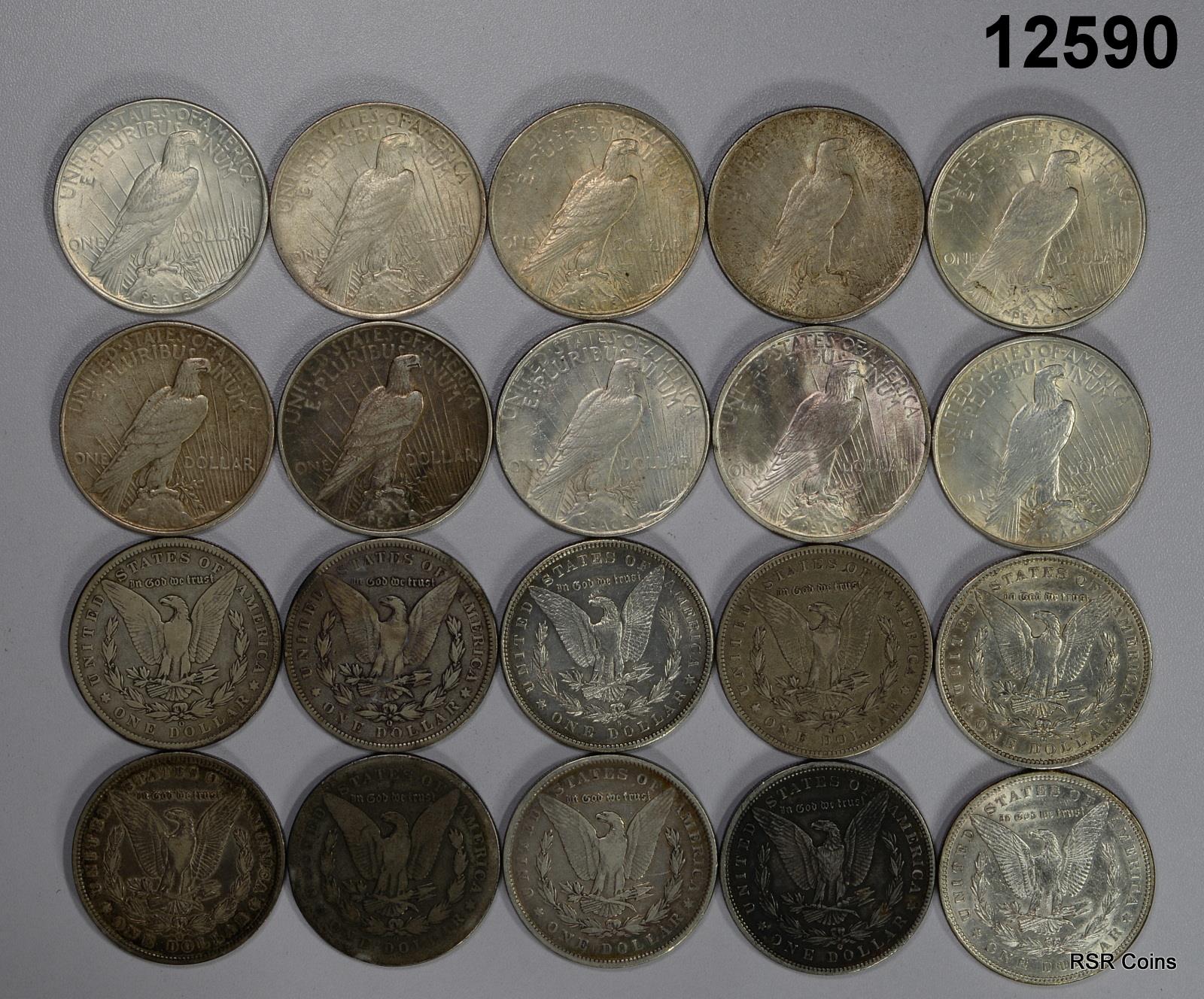 ROLL (10) PRE 21 MORGAN AND (10) PEACE SILVER DOLLARS F-AU SOME CULLS #12590