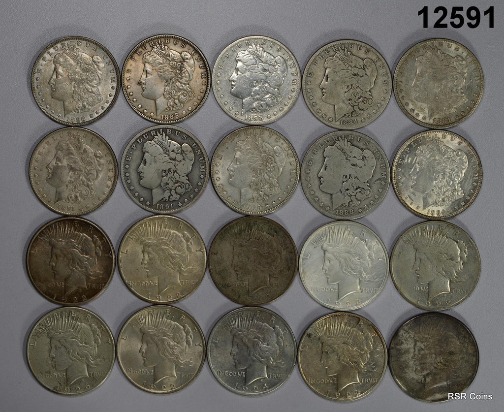 ROLL (10) PRE 21 MORGAN AND (10) PEACE SILVER DOLLARS F-AU SOME CULLS #12591