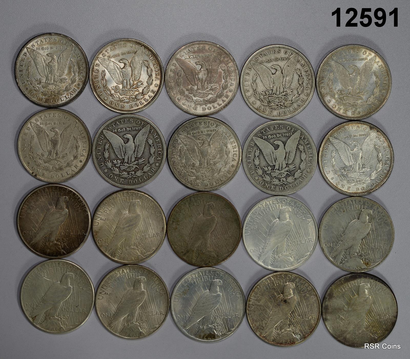 ROLL (10) PRE 21 MORGAN AND (10) PEACE SILVER DOLLARS F-AU SOME CULLS #12591