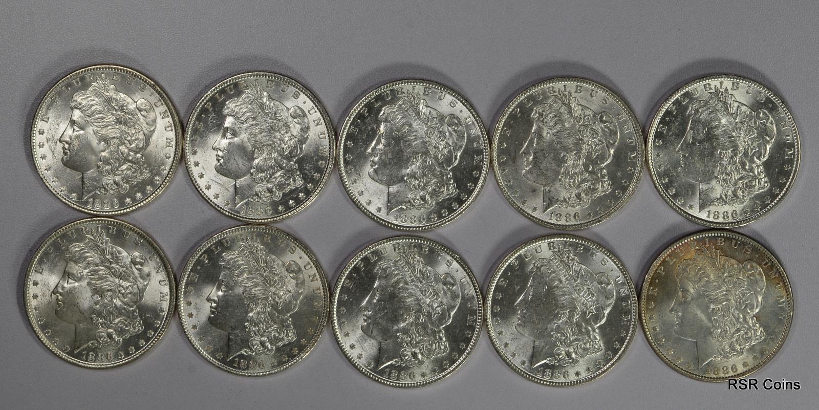 ORIGINAL CHOICE BU HALF ROLL (10 COINS) 1886 MORGAN SILVER DOLLAR FLASHY! #12602