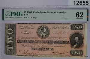 1864 $2 CSA T-70 PMG CERTIFIED 62 NOTE! #12655