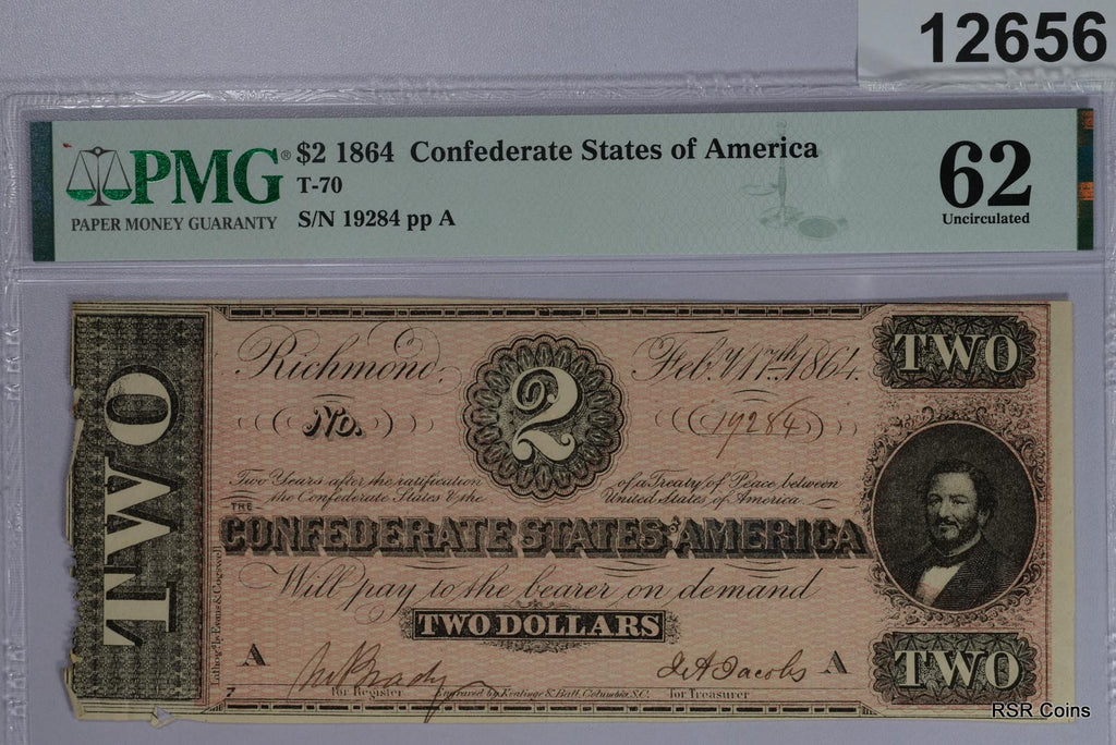 1864 $2 CSA T-70 PMG CERTIFIED 62 NOTE! NICE! #12656