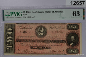1864 $2 CSA T-70 PMG CERTIFIED 63 NOTE! NICE! #12657