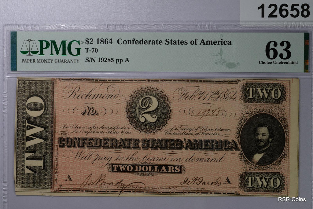1864 $2 CSA T-70 PMG CERTIFIED 63 NOTE! NICE! #12658