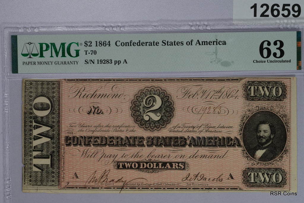 1864 $2 CSA T-70 PMG CERTIFIED 63 NOTE! NICE! #12659