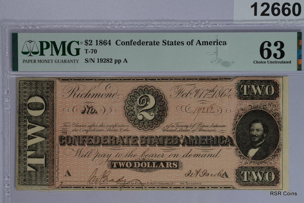 1864 $2 CSA T-70 PMG CERTIFIED 63 NOTE! NICE! #12660
