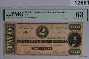 1864 $2 CSA T-70 PMG CERTIFIED 63 NOTE! NICE! #12661