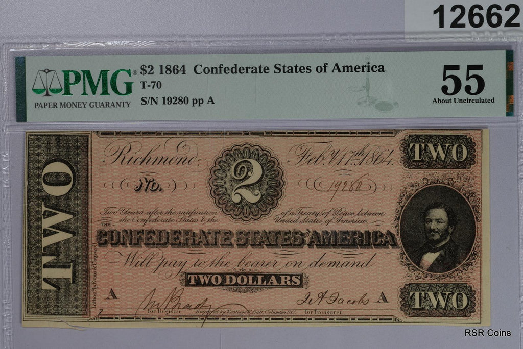 1864 $2 CSA T-70 PMG CERTIFIED 55 NOTE! NICE! #12662