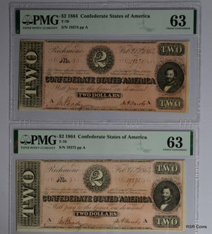 1864 $2 CSA T-70 PMG CERTIFIED 63 4 CONSECUTIVE NUMBER 4 NOTE SET! RARE! #12663